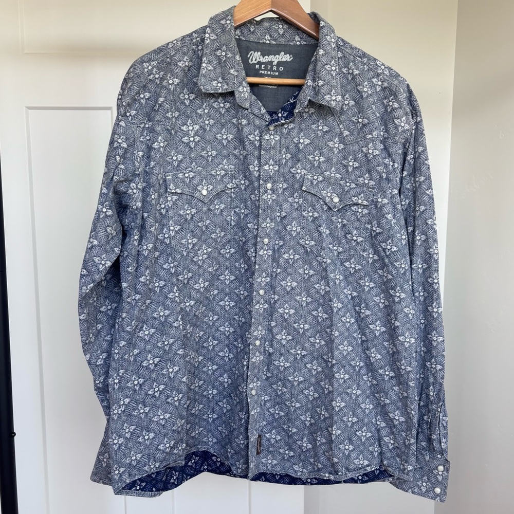 Wrangler Retro Premium Shirt Mens XL Blue Long Sleeve Western Pearl Snap
